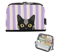 tplaotee Boho Gatto Nero Strisce Bianche e Viola Astuccio Grande Capacità Trucco Borse Grande Capacità Cancelleria Matita Astuccio per Preppy Scuola Media Cartuchera escolar para ninos
