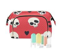 tplaotee Borsa da bagno con teschio, con scritta "Happy Valentine", impermeabile, per cosmetici da viaggio, Felice San Valentino cuore cartone animato cranio, 1 size