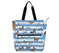 tplaotee Borsa decorativa per libri per bambini e adulti, blu a righe bianche con frutta ananas grandi borse per la spesa con cerniera per scuola, shopping, spiaggia, arcobaleno bolsos para guardar