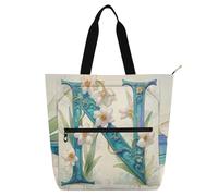 tplaotee Borsa decorativa per libri, per ragazzi, ragazze e adulti, con lettera N bianca, narciso bianco, stile acquerello, robusta, riutilizzabile, con cerniera, per shopping universitario