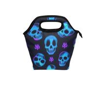 tplaotee Borsa per il pranzo da donna con manico curvo, grande scatola per il pranzo da donna, resistente all'acqua, mini borsa termica per picnic, viaggi, teschio fluorescente al neon