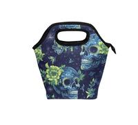 tplaotee Borsa per il pranzo da uomo con manico curvo, riutilizzabile, con lato morbido, borsa termica per spiaggia, università, teschi verdi, bohémien, brillante
