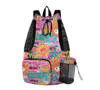 tplaotee Borse con coulisse Borsa da piscina con tasche Borsa posteriore a corda Secco Separazione Bagnata Sole Colorato Parole d'arte Doodle