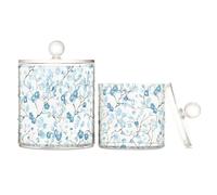 tplaotee Confezione da 2 contenitori per trucchi, in plastica trasparente, motivo floreale, con coperchio, per riporre cotton fioc, tamponi di cotone, graffette, colore azzurro