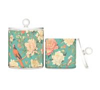 tplaotee Contenitore in plastica trasparente con coperchio con fiori e uccelli, per riporre il filo interdentale, per cotton fioc, tamponi di cotone, graffette, confezione da 2