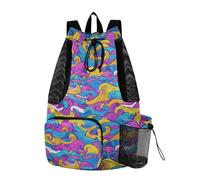 tplaotee Draw String Back Bag Summer Camp Bag Con Tasche Borse Cinch Separazione Bagnato e Secco Onde Colorate Linee Disegnate A Mano Stile Doodle