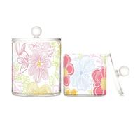 tplaotee Fresh Spring, organizer in plastica trasparente con motivo floreale colorato, con coperchio, per cassettiera, piccoli contenitori decorativi per tamponi di cotone, graffette, confezione da 2