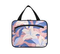 tplaotee Grande borsa per il trucco con giglio bianco e foglie blu da appendere con gancio, borsa essenziale per il trucco da viaggio per il trucco da bagno bolsos para hombre M, grandi fiori di