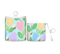 tplaotee Organizer colorato in plastica trasparente con motivo floreale con coperchio, per accessori da bagno, piccoli contenitori decorativi per tamponi di cotone, graffette, confezione da 2