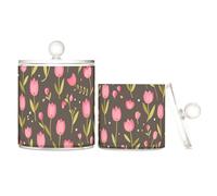 tplaotee Organizer per caramelle, in plastica trasparente, con motivo a foglie verdi e tulipa rosa, piatto, con coperchio, dispensa, essenziali, per tamponi di cotone, graffette, confezione da 2