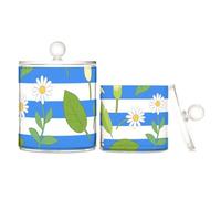 tplaotee Organizer per trucchi in plastica trasparente a righe blu e bianche con calle e margherite, con coperchio, per accessori da bagno, contenitori decorativi per filo interdentale, graffette