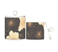 tplaotee Organizer per trucchi in plastica trasparente con motivo floreale, oro, nero, trasparente, con coperchio, per cassettiera, piccoli contenitori decorativi per tamponi di cotone, tamponi di