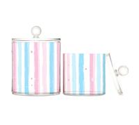 tplaotee Organizzatore per caramelle in plastica trasparente con motivo a righe rosa e celeste, con coperchio, per accessori da bagno, contenitori decorativi per tamponi di cotone, tamponi di cotone