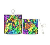 tplaotee Organizzatore per trucchi in plastica trasparente con ghepardi colorati al neon con coperchio, per accessori da bagno, decorazione per il bagno, per tamponi di cotone, tamponi di cotone