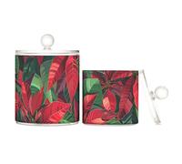 tplaotee Poinsettia - Organizer in plastica trasparente con coperchio, motivo foglie rosse e verdi, per riporre il filo interdentale, per tamponi di cotone, tamponi di cotone, graffette, confezione da