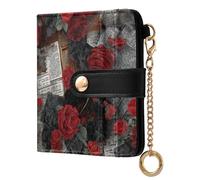 tplaotee Portafoglio bifold da donna con stampa di rose rosse e giornali, in pelle sintetica, con scomparti per carte di credito, per donne, ragazzi e ragazze
