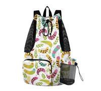 tplaotee Sacca da spiaggia con coulisse, sacca da palestra con tasche, sacca posteriore per separazione asciutta e bagnata, bruchi e foglie colorate