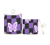 tplaotee Scatole portaoggetti in plastica trasparente con motivo a scacchi, con coperchio, con farfalle, colore nero, viola, per raccogliere filo interdentale, graffette, confezione da 2