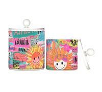 tplaotee Sun - Barattoli colorati in plastica trasparente con coperchio per oggetti essenziali per ufficio, piccoli contenitori per tamponi di cotone, tamponi di cotone, graffette, confezione da 2