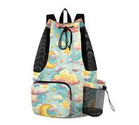 tplaotee Zaini con coulisse Borsa sportiva con tasche interne Cinch Sack separazione bagnato e asciutto Cartoon blu luna nuvola stelle