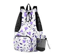 tplaotee Zaino con coulisse per nuoto arrampicata borsa da palestra con tasche borsa a corda per la scuola separazione bagnato e asciutto fiore viola foglia rattan