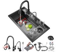 TQHGHX Black Stainless Steel Kitchen Sink, Waterfall Sink, Single Bowl Workstation Multifunctional Sink, Top-Mount Nano Coating Bar Sink with Pull-Out Faucet, Siphon, Overflow and Drain set(Black#1A