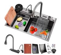TQHGHX Black Stainless Steel Kitchen Sink, Waterfall Sink, Single Bowl Workstation Multifunctional Sink, Top-Mount Nano Coating Bar Sink with Pull-Out Faucet, Siphon, Overflow and Drain set(Black#1A