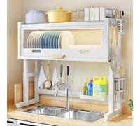 Tqoiozxa Grande scolapiatti con sportello magnetico sopra il lavello, altezza regolabile sopra il lavello, portautensili da cucina multifunzionale, set di lusso salvaspazio(White,85cm/33.4in)