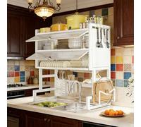 Tqoiozxa Grande scolapiatti da posizionare sopra il lavello con coperchio, organizer da cucina a 2 livelli, scolapiatti antipolvere con portaposate(White,85cm/33.4in)