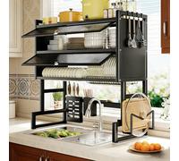 Tqoiozxa Grande scolapiatti da posizionare sopra il lavello con coperchio, organizer da cucina a 2 livelli, scolapiatti antipolvere con portaposate(Black,85cm/33.4in)