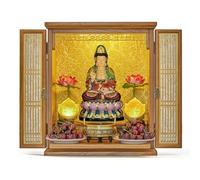 Tqoiozxa Mensola per altare, mobiletto da parete in legno per uso domestico, tavolo per santuario personale, nicchia per Buddha con ante per Pooja e tributo di incenso(Wood,C)