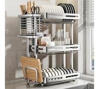 Tqoiozxa Scolapiatti da banco/a parete, vassoio raccogligocce pieghevole in acciaio inox, nessuna installazione richiesta, grande capacità(Desktop-A,3-tier)