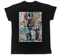 TQQCA BEAR Charlie Chaplin Graffiti Poster T-Shirt Printed Graphic Black Mens Top Tee T-Shirt Black M