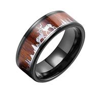 TQWSVUM Anello da Uomo Con Renna In Acciaio Inossidabile Nero da 9 Mm, Fede Nuziale Con Sagoma di Cervo In Legno Intarsiato da Donna, Anello for Pollice Punk Gotico Lucidato A Mano Vintage