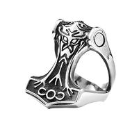 TQWSVUM Anello Mjolnir Con Vichinghe da Uomo - Anello In Acciaio Inossidabile Con Martello Thor's Testa di Corvo Nordico - Moda Vintage Nodo Celtico Amuleto Anello Pirata Gioielli