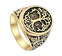 TQWSVUM Anello Yggdrasil Per Uomo Donna - Anello Sigillo Dell'Albero Della Vita In Acciaio Inossidabile Vichingo Della Mitologia Norrena - Anello Amuleto Pagano Placcato Oro Lucido Fatto A Mano