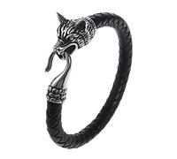 TQWSVUM Bracciale da Uomo in Acciaio Inossidabile Viking Wolf Head Leather - Norse Myth Odin Fenrir Bracciale in Corda Intrecciata - Vintage Fashion Middle Ages Gothic Cuff Bangle Animal Jewelry