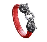 TQWSVUM Bracciale in Pelle di Lupo Vichingo per Uomo - Bracciale Intrecciato in Pelle con Doppia Testa Lupo in Acciaio Inossidabile - Bracciale Rigido in Pelle Vintage Nordico con Amuleto Animale