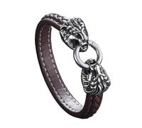 TQWSVUM Bracciale in Pelle Intrecciata Testa Leone Vichingo per Uomo - Bracciale in Pelle Teste Leone Ruggente Vintage Nordico in Acciaio Inossidabile - Braccialetti Amuleti Animali Fatti A Mano