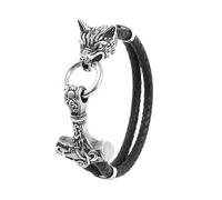 TQWSVUM Bracciale in Pelle Mjolnir con Testa Lupo Vichingo 3D per Uomo - Braccialetto in Pelle A Treccia A Doppio Strato Martello Thor's in Acciaio Inossidabile Gioielli Norreni