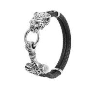 TQWSVUM Bracciale in Pelle Mjolnir con Testa Lupo Vichingo 3D per Uomo - Braccialetto in Pelle A Treccia A Doppio Strato Martello Thor's in Acciaio Inossidabile Gioielli Norreni