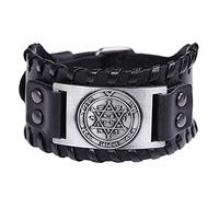 TQWSVUM Bracciale in Pelle Star of David, Uomo Vintage Hexagram Fibbia Regolabile in Pelle Bangle Ampio Braccialetto,Solomon Protection Magic Powers Amulet Gioielli