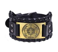 TQWSVUM Bracciale in Pelle Star of David, Uomo Vintage Hexagram Fibbia Regolabile in Pelle Bangle Ampio Braccialetto,Solomon Protection Magic Powers Amulet Gioielli
