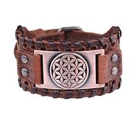 TQWSVUM Bracciale in Pelle Vichinga Flower of Life, Fibbia Regolabile da Uomo Nordico Ampio Braccialetto in Corda Intrecciata in Pelle, Pagana Vintage Gotico Charm Amuleto Bangle Gioielli
