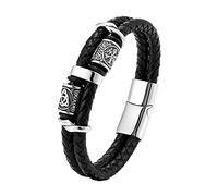 TQWSVUM Bracciale Uomo Viking in Acciaio Inossidabile Runa for Perline in Pelle, Bracciale Polso in Corda Intrecciata Nera A Doppio Strato, Nordic Compass Celtic Knot Perli Amuleti Gioielli