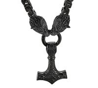 TQWSVUM Catena King Nera Testa di Lupo in Acciaio Inossidabile da Uomo con Mjolnir Nero, Collana Pendente Nodo Celtico Martello Viking Thor's,Gioielli Amuleti Pagani Odino Nordici