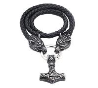 TQWSVUM Collana con Ciondolo Martello Thor's Testa di Lupo Vichingo - Catena in Pelle Intrecciata Mjolnir in Acciaio Inossidabile Vintage Nordico - Gioielli Amuleto Lupo Celtico da Uomo Nordico