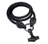 TQWSVUM Collana con Ciondolo Mjolnir del Martello Thor's in Acciaio Inossidabile Vichingo, Catena di Testa di Lupo in Pelle Intrecciata A Mano da Uomo, Gioielli Pagani con Amuleto Vintage Nordico
