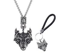 TQWSVUM Collana con Ciondolo Testa di Lupo Celtico Vichingo Uomo, Simbolo Odino in Acciaio Inossidabile Nordico Valknut Rune Bead Amulet, Vintage Viking Fenrir Wolf Head Portachiavi Fibbia Regalo