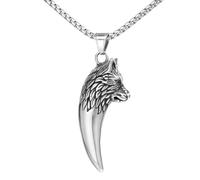 TQWSVUM Collana con Dente di Lupo Nordico Vichingo per Uomo - Collana con Ciondolo Talismano con Testa di Lupo Vintage in Acciaio Inossidabile Fatta A Mano - Gioielli Animali con Amuleto Tribale